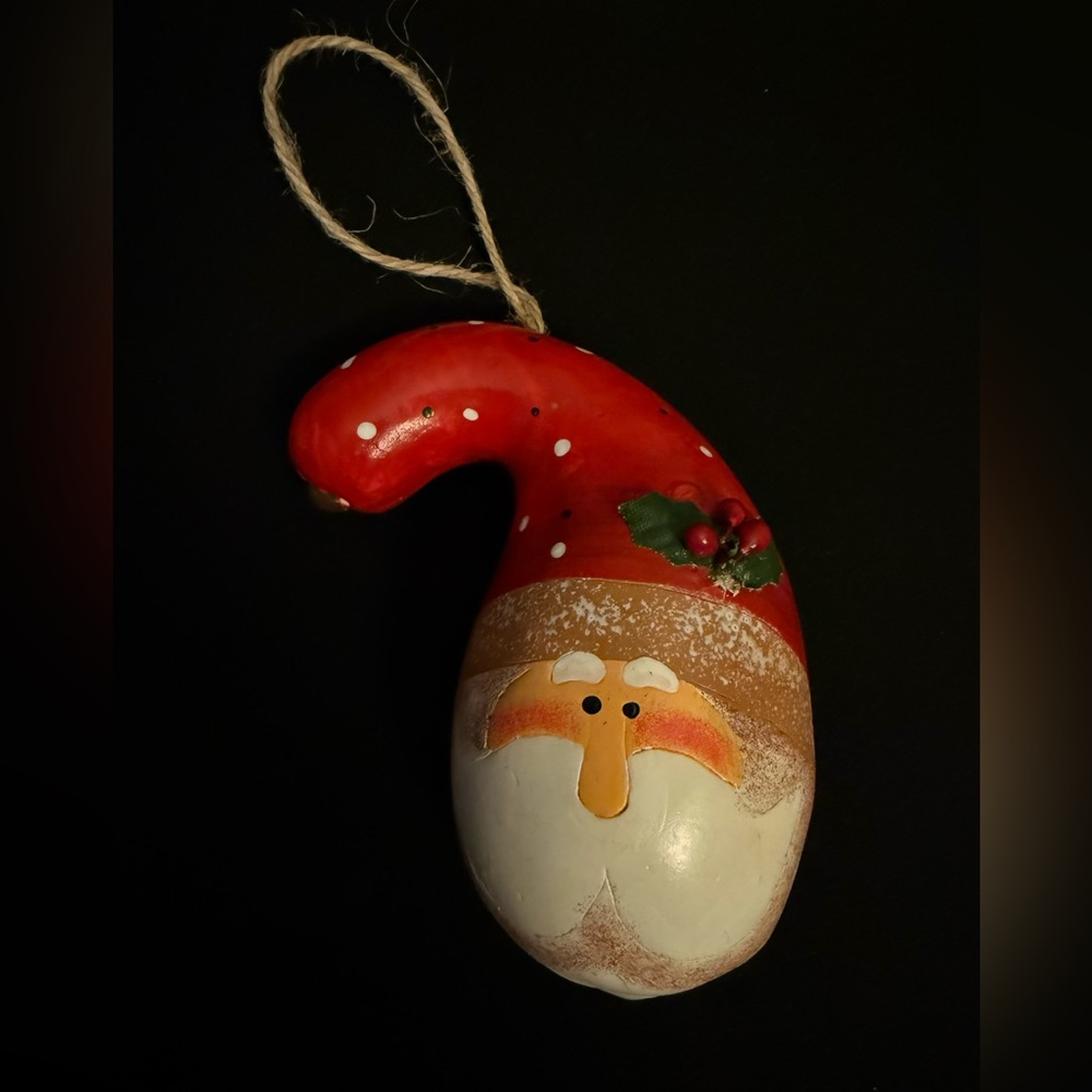 Festive Santa Claus Ornament gourde hand carved and hand painted. #09
